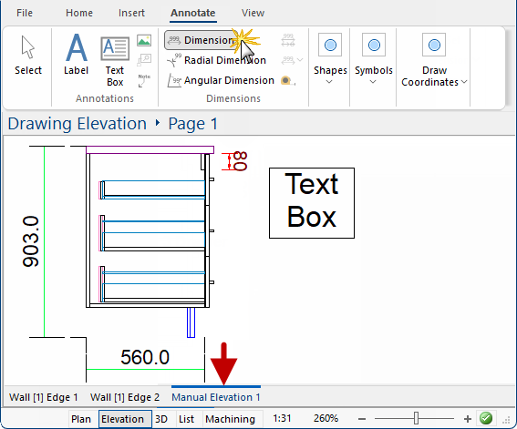 Edit Elevation view  -  Click to see how to change angle and colour of dimensions.